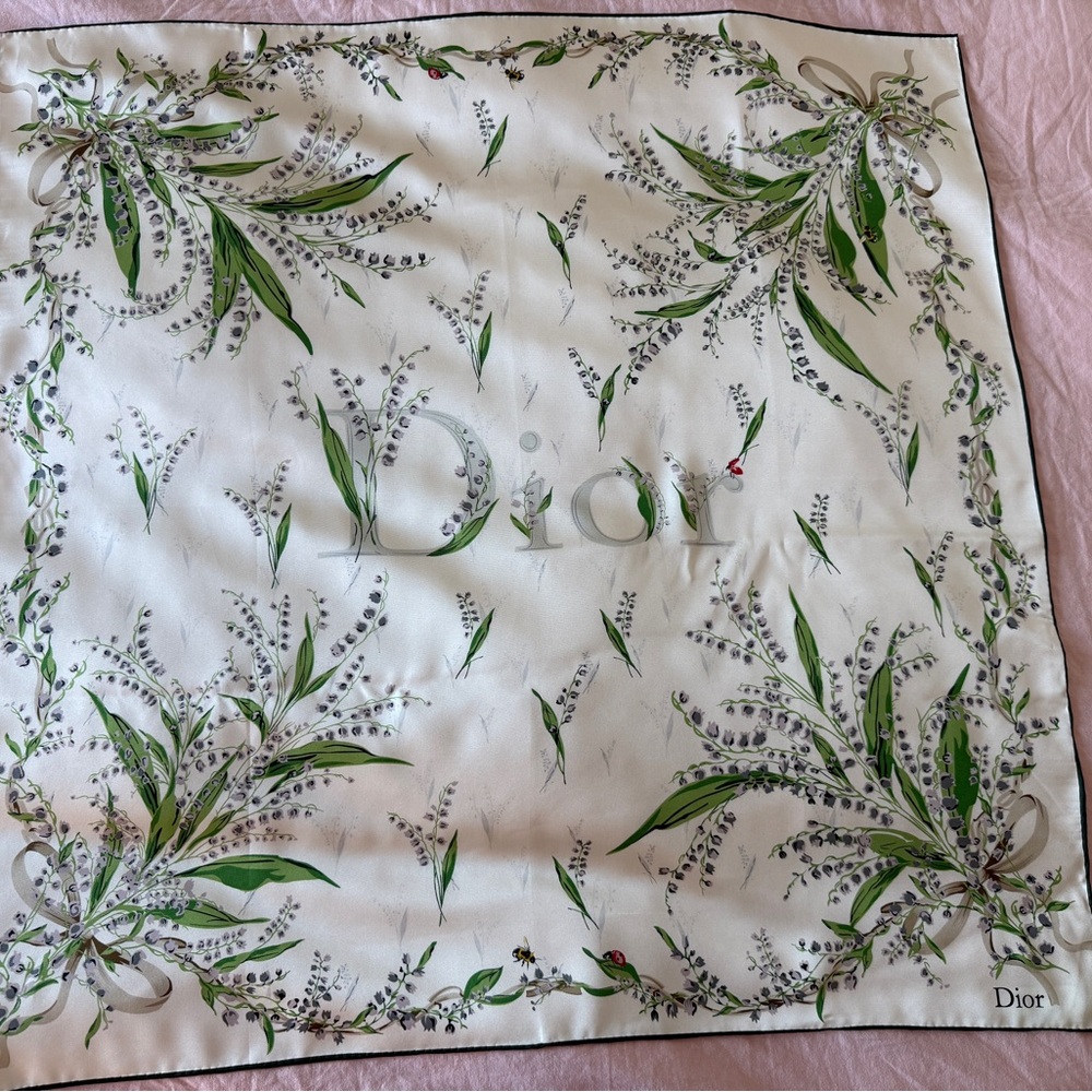 Dior Silk Scarf - White with Green Lily of the Valley Print